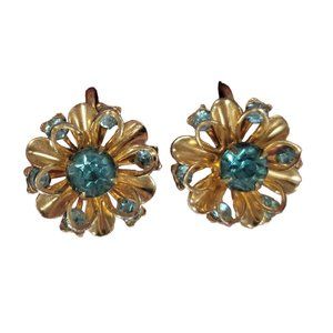 CORO Gold Tone Openwork Blue Crystal Rhinestone Petal Flower Screw Back Earrings
